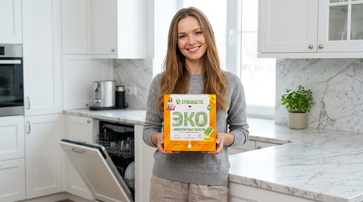 девушка держит упаковку таблеток Synergetic ЭКО