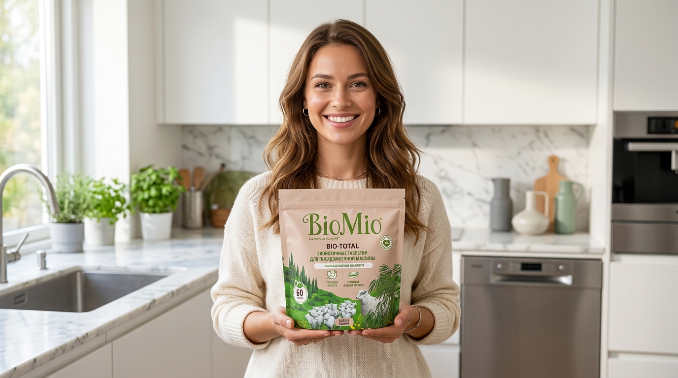 девушка держит упаковку таблеток BioMio Bio-Total