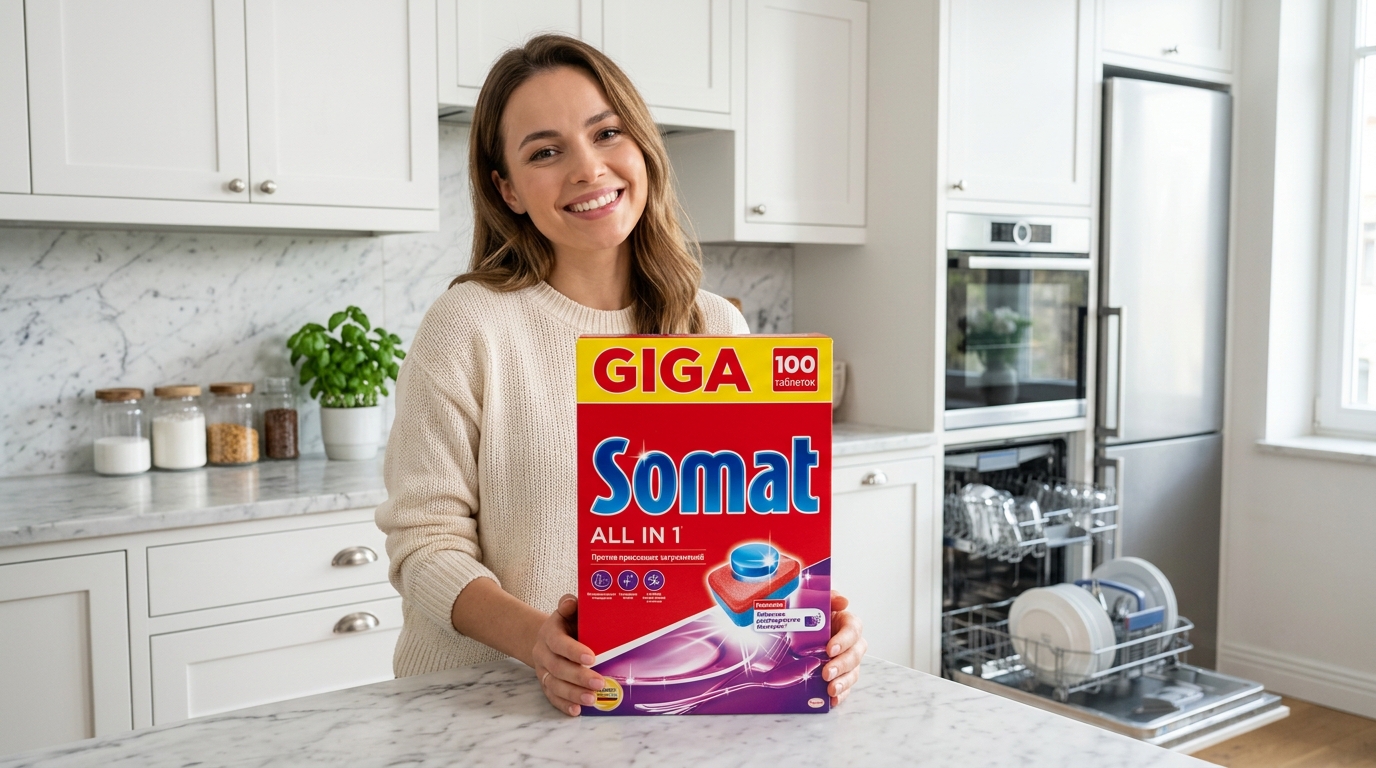 девушка держит упаковку таблеток Somat All in 1