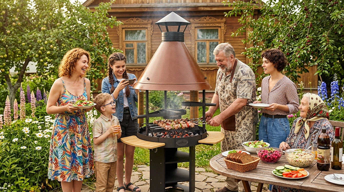 семья жарит мясо на угольном гриле
