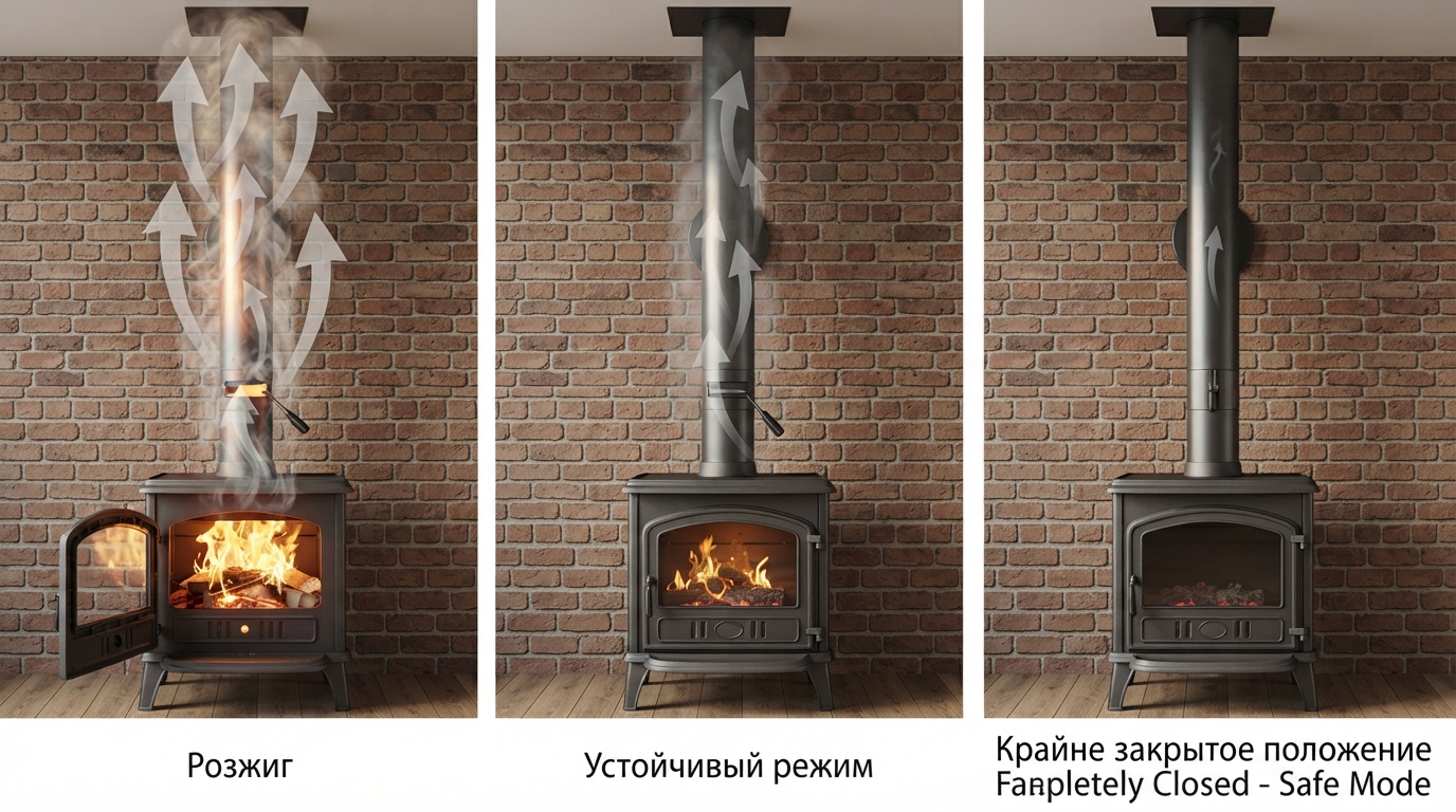Регулировка тяги дымохода шиберной заслонкой