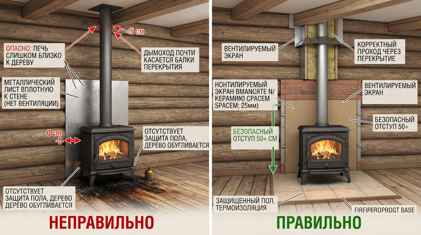 Ошибки при установке печи и дымохода в деревянном доме