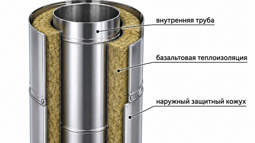 Строение утепленного дымохода с внутренней трубой и слоем теплоизоляции